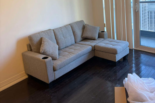 (6818 GREY)- 73" LONG- REVERSIBLE- 3 SEATER FABRIC SECTIONAL SOFA