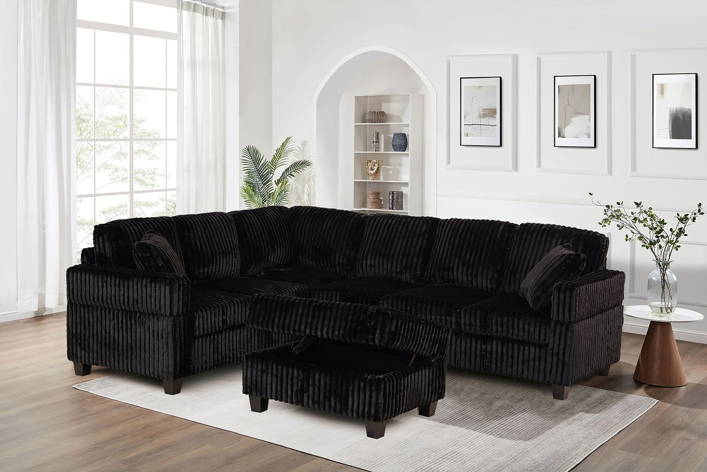 (GILLIAN BLACK)- 105" LONG- REVERSIBLE- CORDUROY SECTIONAL SOFA- WITH STORAGE OTTOMAN- TEXT OR WHATSAPP 416 319 8851 FOR STOCK AVAILABILITY BEFORE PAYING