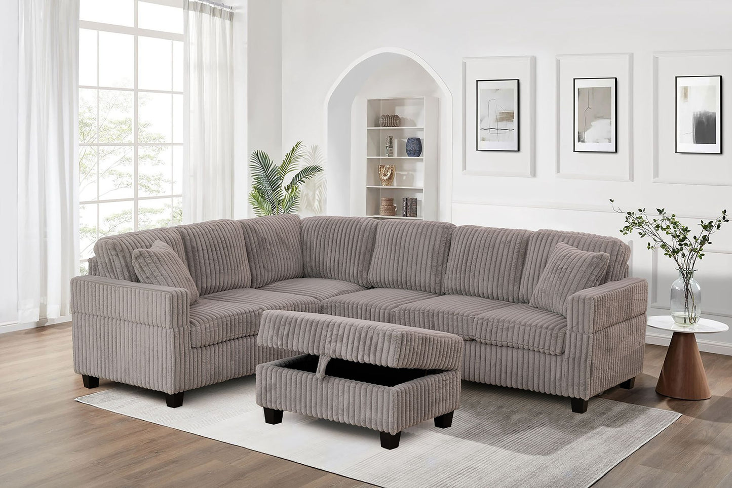 (GILLIAN GREY)- 105" LONG- REVERSIBLE- CORDUROY SECTIONAL SOFA- WITH STORAGE OTTOMAN- TEXT OR WHATSAPP 416 319 8851 FOR STOCK AVAILABILITY BEFORE PAYING