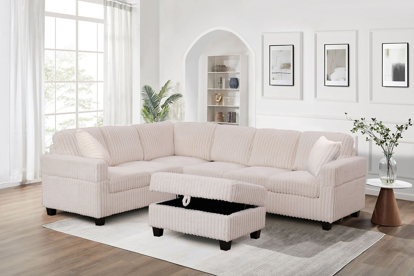 (GILLIAN BEIGE)- 105" LONG- REVERSIBLE- CORDUROY SECTIONAL SOFA- WITH STORAGE OTTOMAN- TEXT OR WHATSAPP 416 319 8851 FOR STOCK AVAILABILITY BEFORE PAYING