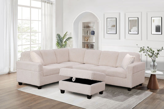 (GILLIAN BEIGE)- 105" LONG- REVERSIBLE- CORDUROY SECTIONAL SOFA- WITH STORAGE OTTOMAN- TEXT OR WHATSAPP 416 319 8851 FOR STOCK AVAILABILITY BEFORE PAYING