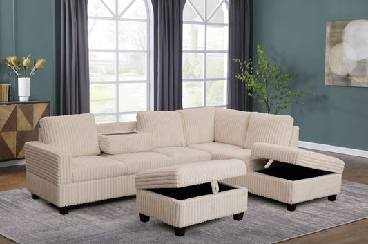 (GLORY BEIGE RHF)- 105" LONG- REVERSIBLE- CORDUROY SECTIONAL SOFA- WITH STORAGE OTTOMAN- TEXT OR WHATSAPP 416 319 8851 FOR STOCK AVAILABILITY BEFORE PAYING