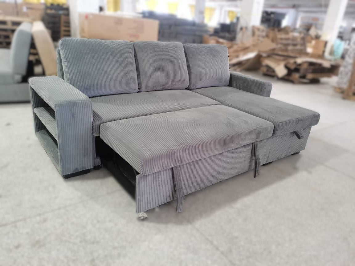 (SHELF GREY)- REVERSIBLE- CORDUROY FABRIC SECTIONAL SOFA WITH PULL OUT BED- CALL OR WHATSAPP 416 319 8851 FOR STOCK AVAILABILITY BEFORE PAYING