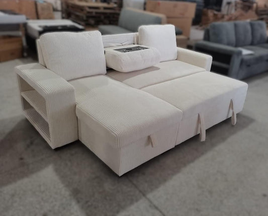(SHELF CREAM)- REVERSIBLE- CORDUROY FABRIC SECTIONAL SOFA WITH PULL OUT BED- CALL OR WHATSAPP 416 319 8851 FOR STOCK AVAILABILITY BEFORE PAYING