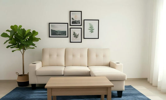 (1867 CREAM)- 75" LONG- REVERSIBLE- 3 SEATER FABRIC SECTIONAL SOFA