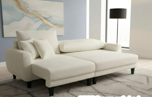 (2507 CREAM)- 91" LONG- REVERSIBLE- CORDUROY FABRIC SECTIONAL SOFA WITH PULL OUT BED