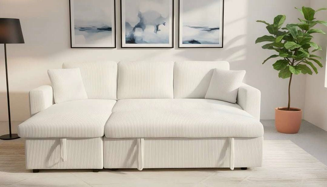 (2508 CREAM)- 88" LONG- REVERSIBLE- CORDUROY FABRIC SECTIONAL SOFA WITH PULL OUT BED