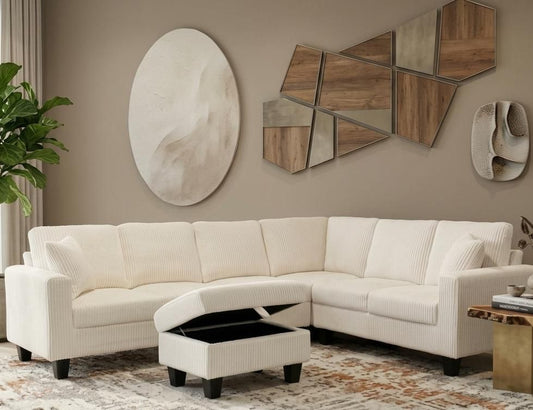 (2509 BEIGE)- REVERSIBLE- CORDUROY SECTIONAL SOFA- WITH STORAGE OTTOMAN- TEXT OR WHATSAPP 416 319 8851 FOR STOCK AVAILABILITY BEFORE PAYING