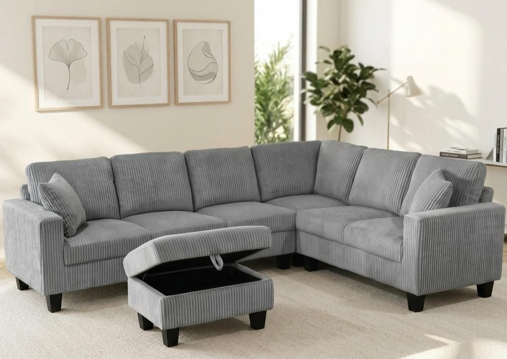 (2509 GREY)- REVERSIBLE- CORDUROY SECTIONAL SOFA- WITH STORAGE OTTOMAN- TEXT OR WHATSAPP 416 319 8851 FOR STOCK AVAILABILITY BEFORE PAYING