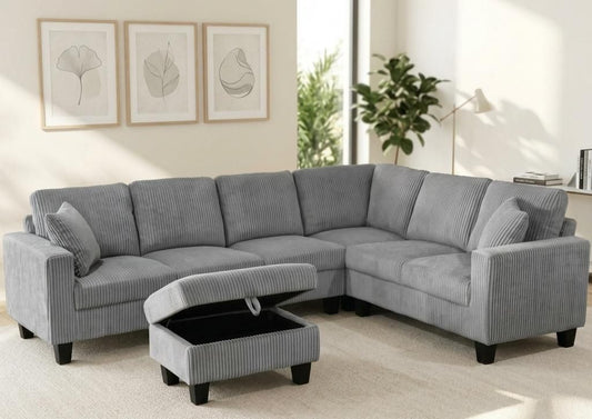 (2509 GREY)- REVERSIBLE- CORDUROY SECTIONAL SOFA- WITH STORAGE OTTOMAN- TEXT OR WHATSAPP 416 319 8851 FOR STOCK AVAILABILITY BEFORE PAYING