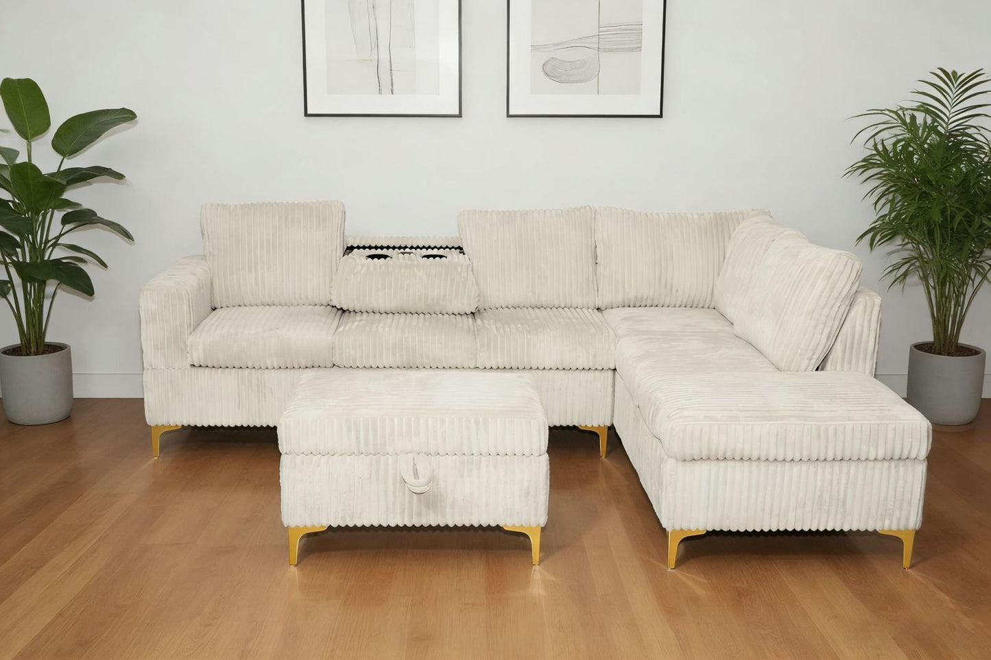 (106 BEIGE)- REVERSIBLE- CORDUROY SECTIONAL SOFA- WITH STORAGE OTTOMAN- TEXT OR WHATSAPP 416 319 8851 FOR STOCK AVAILABILITY BEFORE PAYING