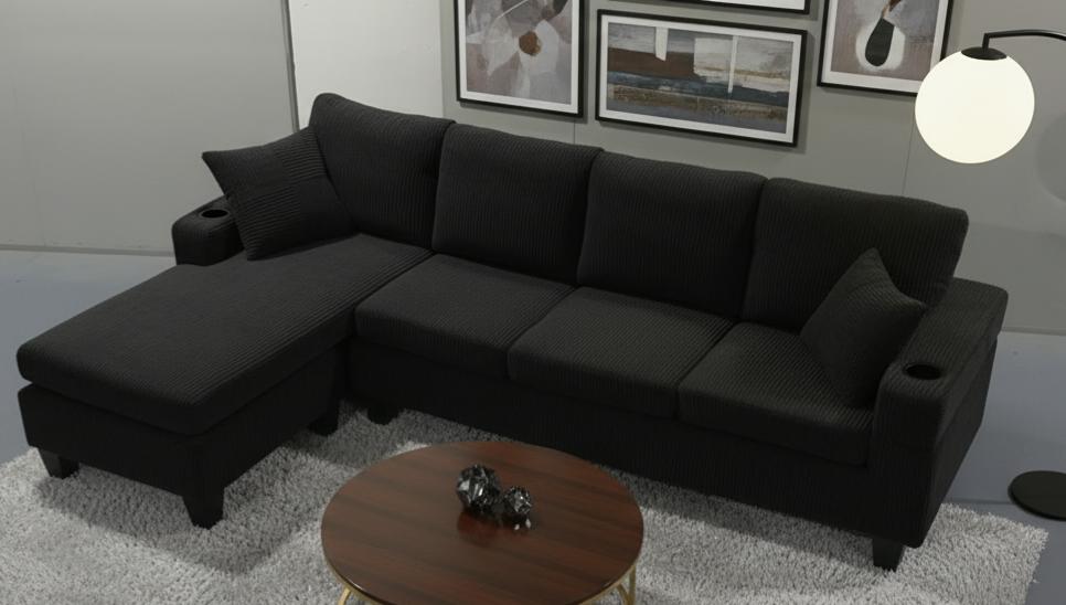 (2511 BLACK)- REVERSIBLE- 4 SEATER CORDUROY SECTIONAL SOFA