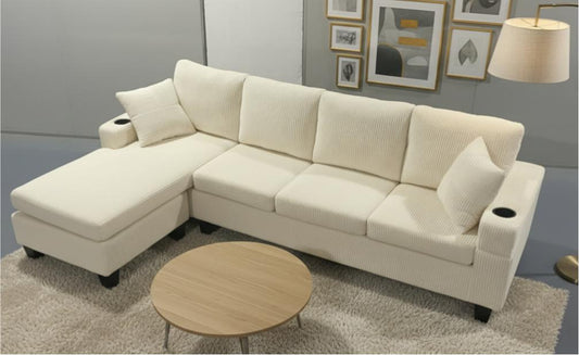 (2511 CREAM)- REVERSIBLE- 4 SEATER CORDUROY SECTIONAL SOFA