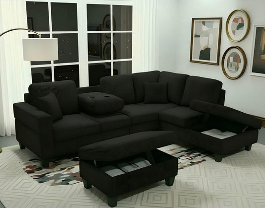 (2510 BLACK)- REVERSIBLE- CORDUROY SECTIONAL SOFA- WITH STORAGE OTTOMAN- TEXT OR WHATSAPP 416 319 8851 FOR STOCK AVAILABILITY BEFORE PAYING