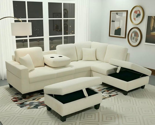 (2510 BEIGE)- REVERSIBLE- CORDUROY SECTIONAL SOFA- WITH STORAGE OTTOMAN- TEXT OR WHATSAPP 416 319 8851 FOR STOCK AVAILABILITY BEFORE PAYING