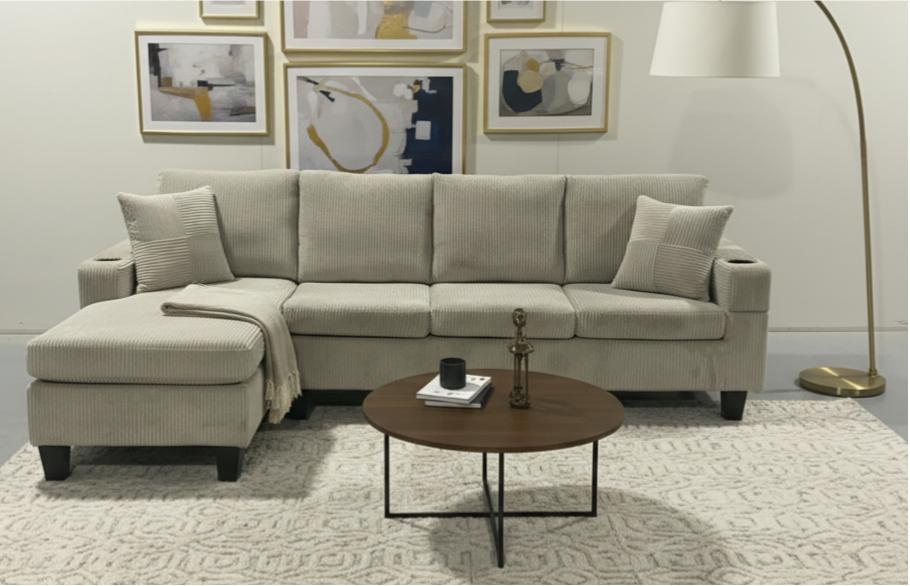 (2511 GREY)- REVERSIBLE- 4 SEATER CORDUROY SECTIONAL SOFA