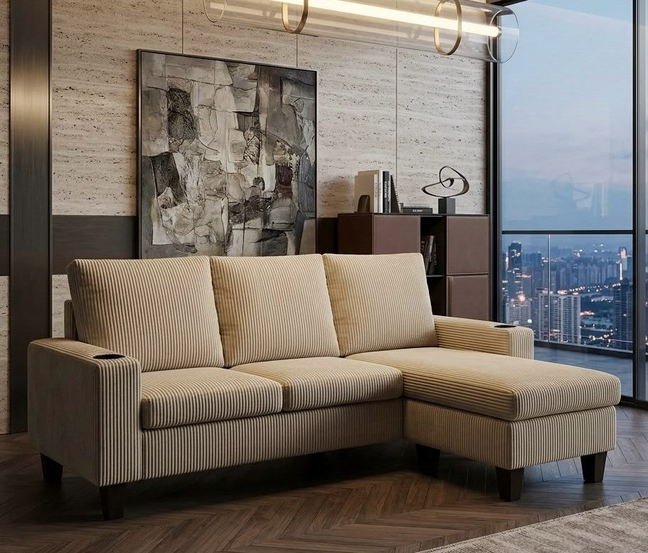 (2602 MOCHA BROWN)- 75" LONG- REVERSIBLE- 3 SEATER CORDUROY FABRIC SECTIONAL SOFA
