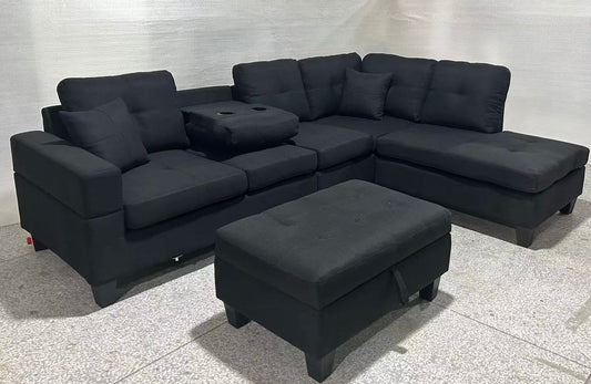 (2401 BLACK)- REVERSIBLE- FABRIC SECTIONAL SOFA- WITH STORAGE OTTOMAN