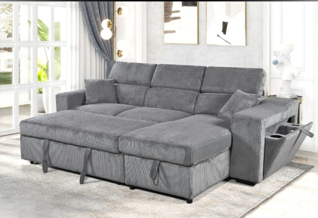 (2413 LIGHT GREY)- REVERSIBLE- CORDUROY FABRIC SECTIONAL SOFA WITH PULL OUT BED- TEXT OR WHATSAPP 416 319 8851 FOR STOCK AVAILABILITY BEFORE PAYING