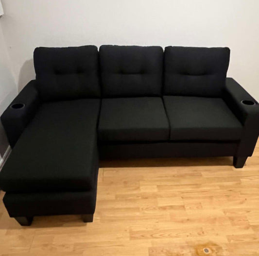 (6818 BLACK)- 73" LONG- REVERSIBLE- 3 SEATER FABRIC SECTIONAL SOFA