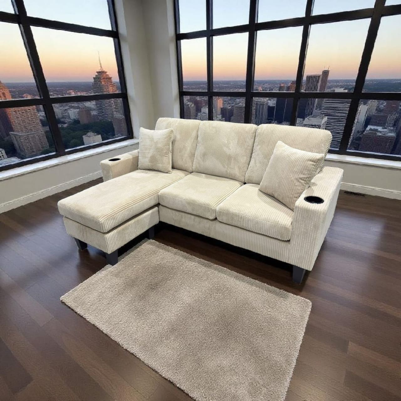 (VILLAGE CREAM)- REVERSIBLE- CORDUROY 3 SEATER SECTIONAL SOFA- TEXT OR WHATSAPP 416 319 8851 FOR STOCK AVAILABILITY BEFORE PAYING