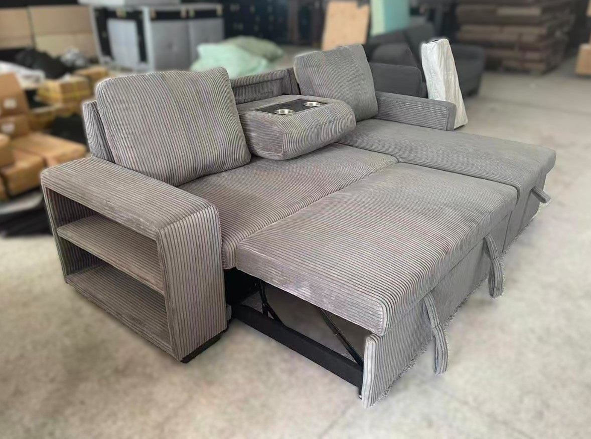 (SHELF GREY)- REVERSIBLE- CORDUROY FABRIC SECTIONAL SOFA WITH PULL OUT BED- CALL OR WHATSAPP 416 319 8851 FOR STOCK AVAILABILITY BEFORE PAYING