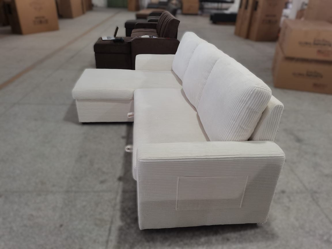 (SHELF CREAM)- REVERSIBLE- CORDUROY FABRIC SECTIONAL SOFA WITH PULL OUT BED- CALL OR WHATSAPP 416 319 8851 FOR STOCK AVAILABILITY BEFORE PAYING