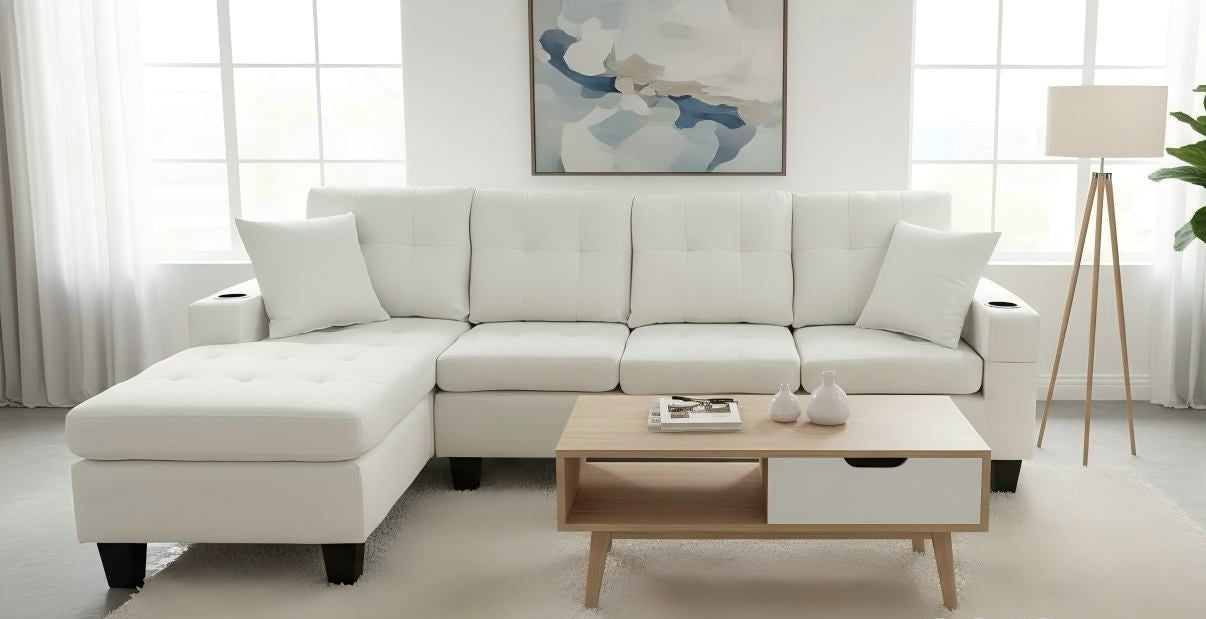 (6212 CREAM)- REVERSIBLE- 4 SEATER FABRIC SECTIONAL SOFA
