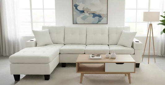 (6212 CREAM)- REVERSIBLE- 4 SEATER FABRIC SECTIONAL SOFA