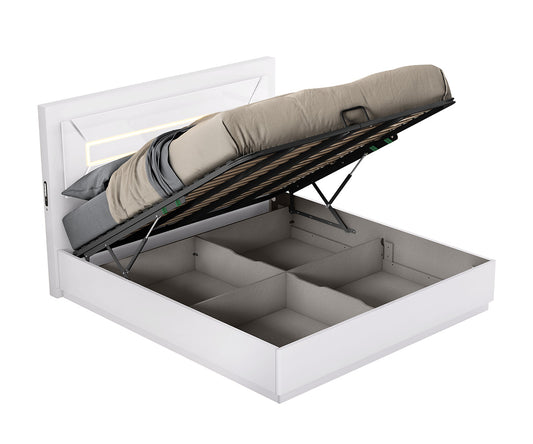 QUEEN SIZE- (LETTY WHITE)- WOOD BED FRAME- WITH LIFT UP STORAGE