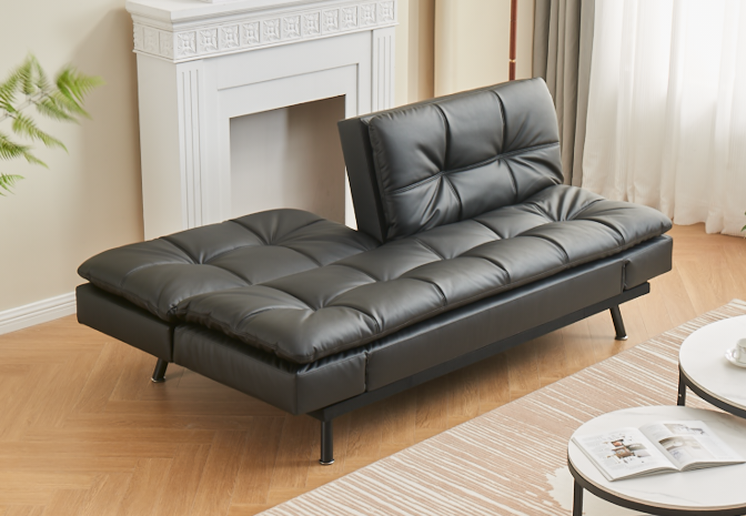 (8050 BLACK)- LEATHER PILLOW TOP KLIK KLAK SOFA BED- WITH DROP DOWN ARMS