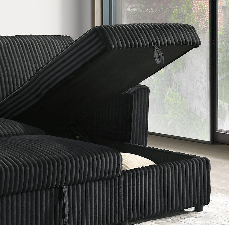 (9024 BLACK)- REVERSIBLE- CORDUROY FABRIC SECTIONAL SOFA WITH PULL OUT BED