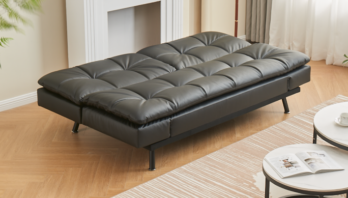 (8050 BLACK)- LEATHER PILLOW TOP KLIK KLAK SOFA BED- WITH DROP DOWN ARMS