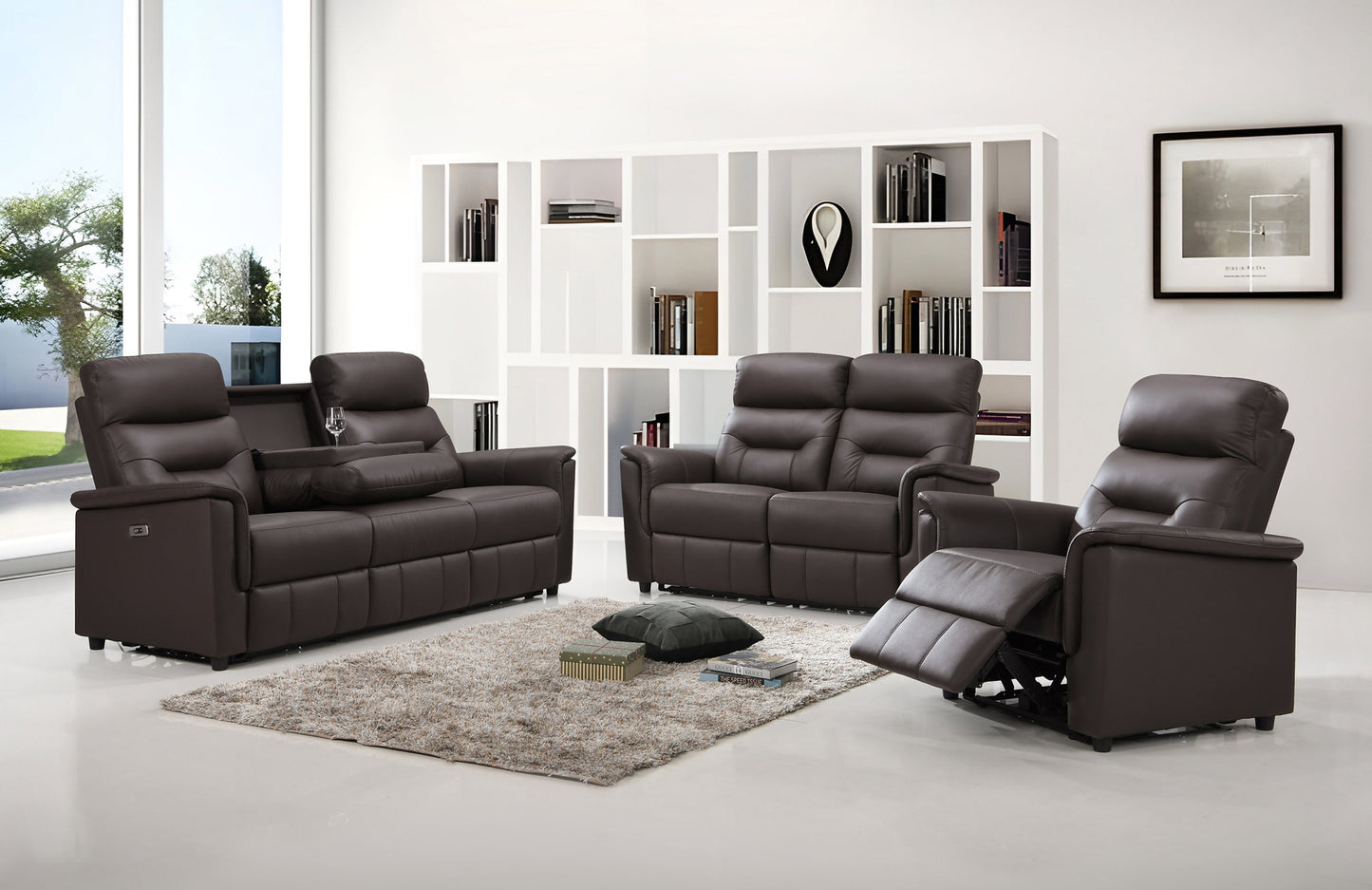 (8140 BROWN SLC)- GENUINE LEATHER MATCH POWER RECLINER 3 PC. SOFA SET- TEXT OR WHATSAPP 416 319 8851 FOR STOCK AVAILABILITY BEFORE PAYING