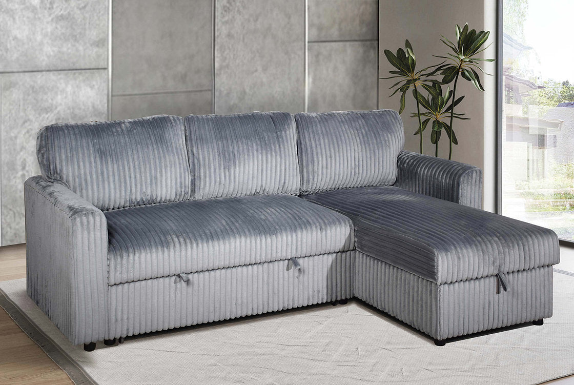 (9025 GREY)- REVERSIBLE- CORDUROY FABRIC SECTIONAL SOFA WITH PULL OUT BED