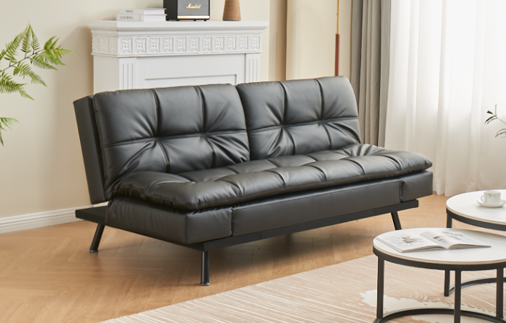 (8050 BLACK)- LEATHER PILLOW TOP KLIK KLAK SOFA BED- WITH DROP DOWN ARMS