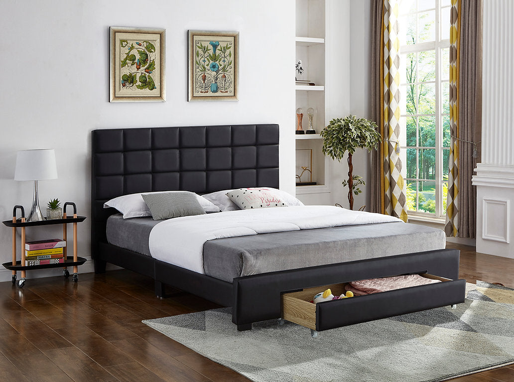 DOUBLE (FULL) SIZE- (5490 BLACK)- LEATHER BED FRAME- WITH DRAWER- WITH SLATS- OUT OF STOCK UNTIL OCTOBER 30, 2023