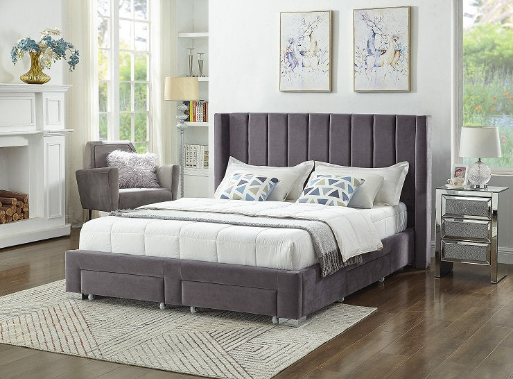 QUEEN SIZE- (5310 GREY)- VELVET FABRIC BED FRAME- WITH DRAWERS