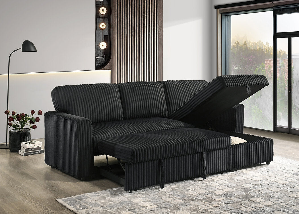 (9024 BLACK)- REVERSIBLE- CORDUROY FABRIC SECTIONAL SOFA WITH PULL OUT BED