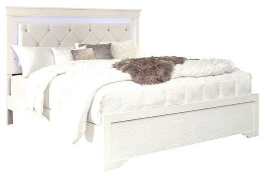 KING SIZE- (POMPEI WHITE- 1)- WOOD BED FRAME- WITH LED LIGHT- (BOX SPRING REQUIRED)