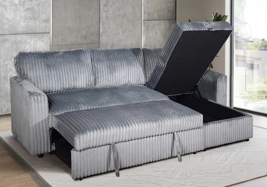 (9025 GREY)- REVERSIBLE- CORDUROY FABRIC SECTIONAL SOFA WITH PULL OUT BED