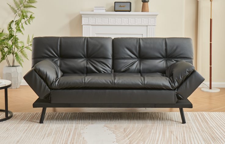 (8050 BLACK)- LEATHER PILLOW TOP KLIK KLAK SOFA BED- WITH DROP DOWN ARMS