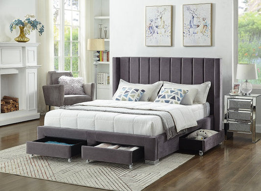 QUEEN SIZE- (5310 GREY)- VELVET FABRIC BED FRAME- WITH DRAWERS