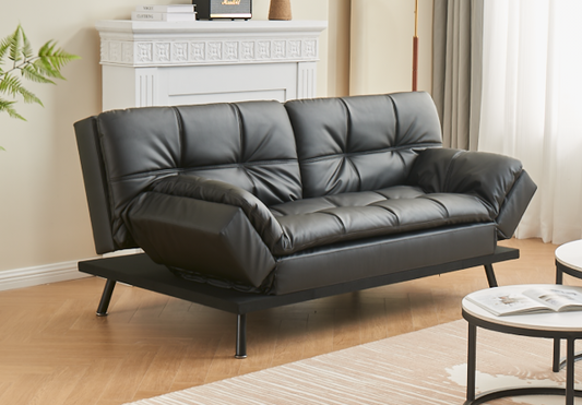 (8050 BLACK)- LEATHER PILLOW TOP KLIK KLAK SOFA BED- WITH DROP DOWN ARMS