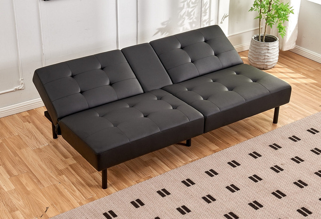 (8091 BLACK)- LEATHER KLIK KLAK SOFA BED- WITH DROP DOWN TRAY