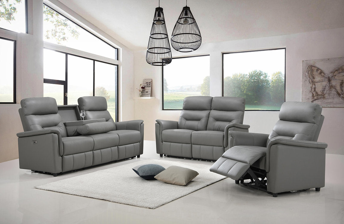 (8141 GREY SLC)- GENUINE LEATHER MATCH POWER RECLINER 3 PC. SOFA SET- TEXT OR WHATSAPP 416 319 8851 FOR STOCK AVAILABILITY BEFORE PAYING