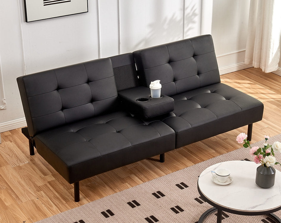 (8091 BLACK)- LEATHER KLIK KLAK SOFA BED- WITH DROP DOWN TRAY