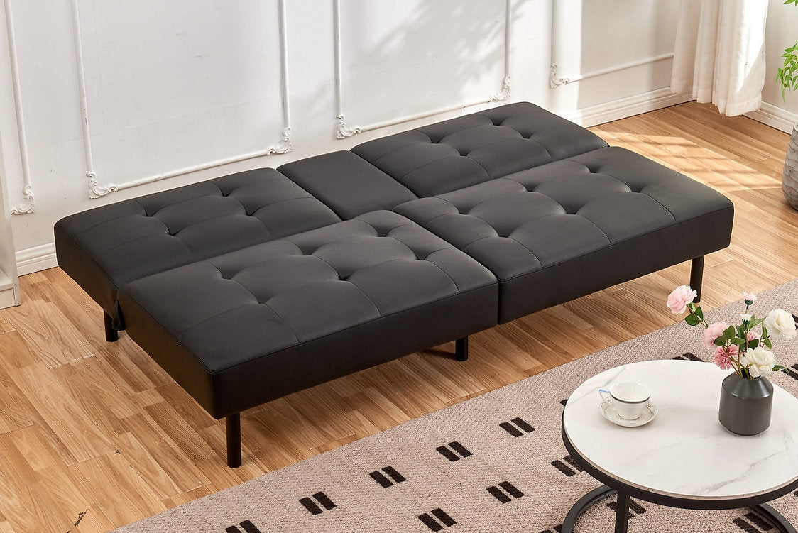 (8091 BLACK)- LEATHER KLIK KLAK SOFA BED- WITH DROP DOWN TRAY