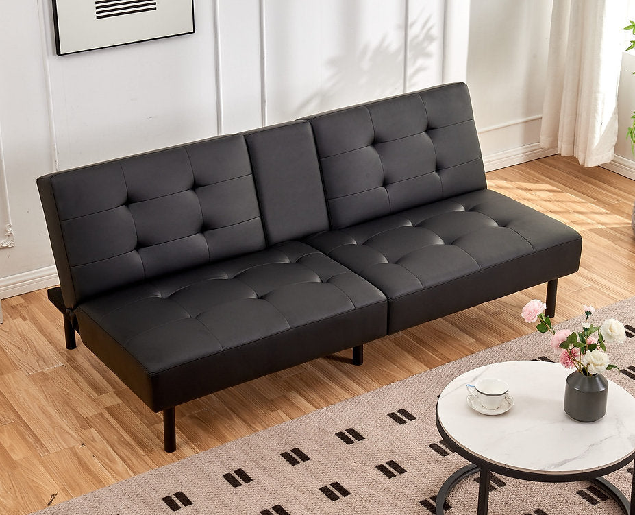 (8091 BLACK)- LEATHER KLIK KLAK SOFA BED- WITH DROP DOWN TRAY