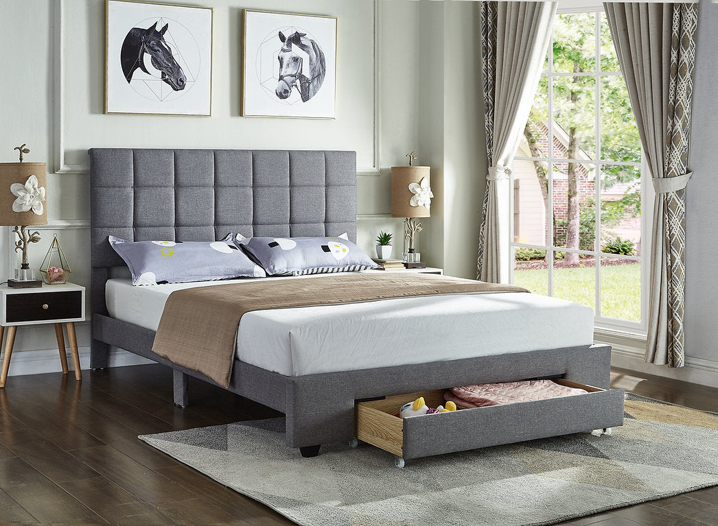DOUBLE (FULL) SIZE- (5493 GREY)- FABRIC BED FRAME- WITH DRAWER- WITH SLATS
